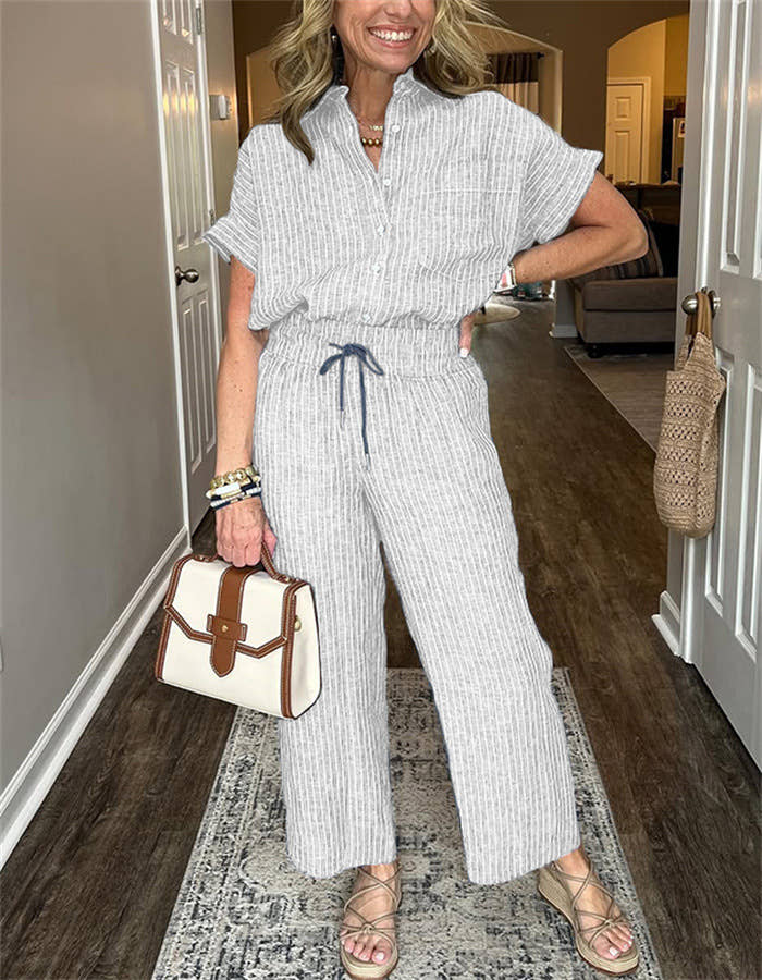 Women's Striped Suit Lapel Short-Sleeve Straight Pants