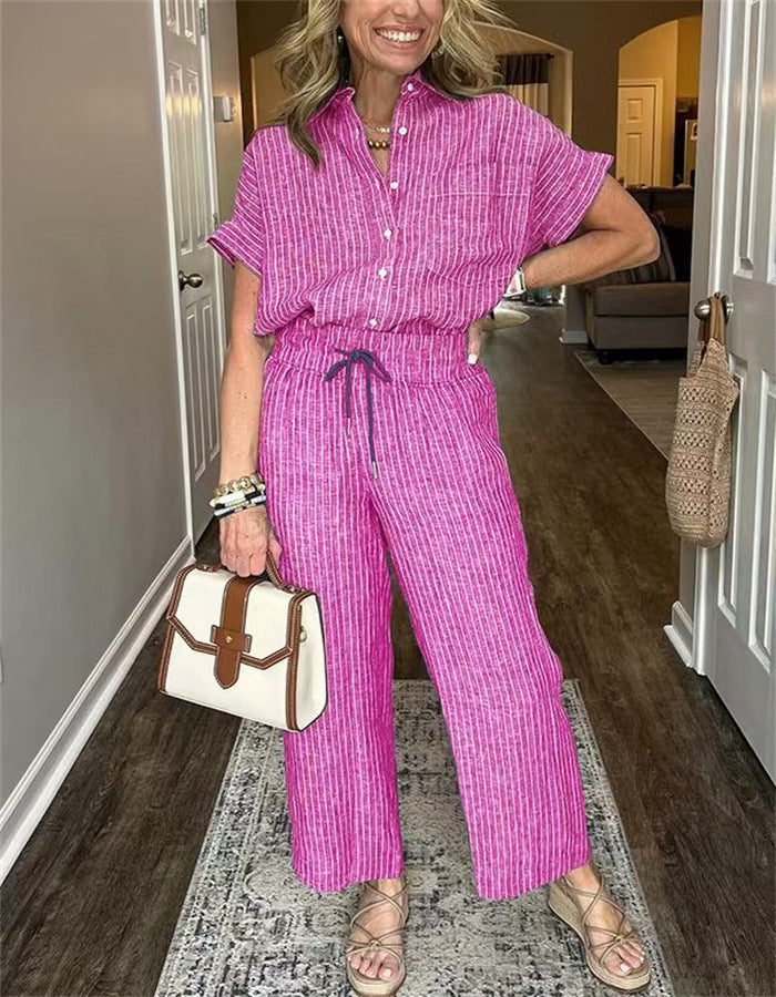 Women's Striped Suit Lapel Short-Sleeve Straight Pants