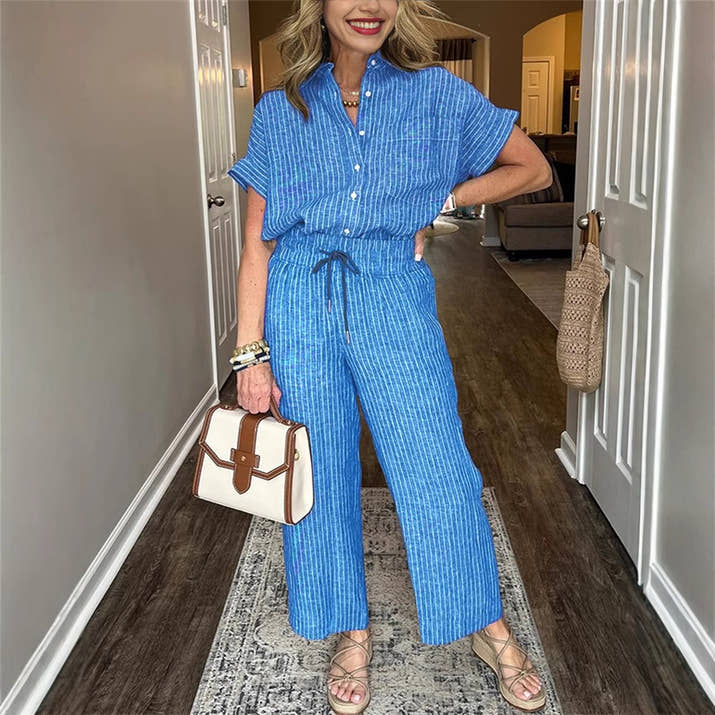 Women's Striped Suit Lapel Short-Sleeve Straight Pants