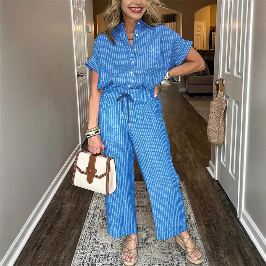 Women's Striped Suit Lapel Short-Sleeve Straight Pants