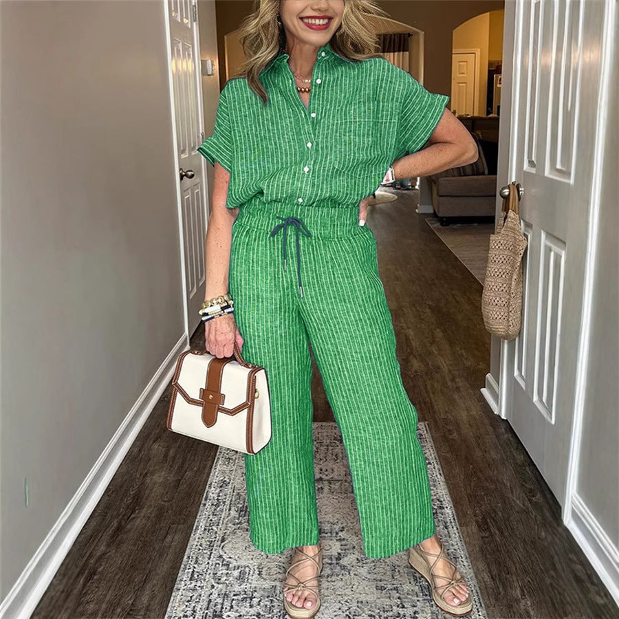 Women's Striped Suit Lapel Short-Sleeve Straight Pants