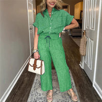 Women's Striped Suit Lapel Short-Sleeve Straight Pants