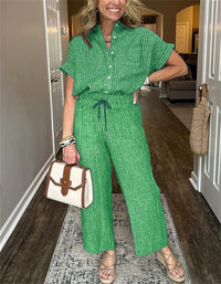 Women's Striped Suit Lapel Short-Sleeve Straight Pants