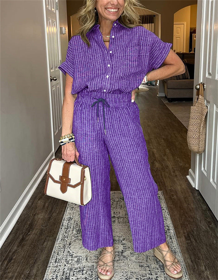 Women's Striped Suit Lapel Short-Sleeve Straight Pants