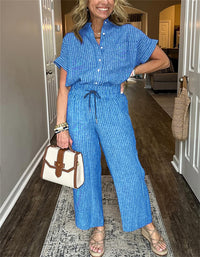 Women's Striped Suit Lapel Short-Sleeve Straight Pants