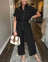 Women's Striped Suit Lapel Short-Sleeve Straight Pants