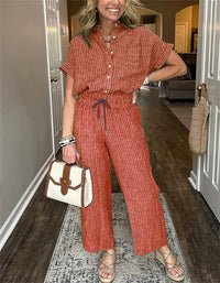 Women's Striped Suit Lapel Short-Sleeve Straight Pants