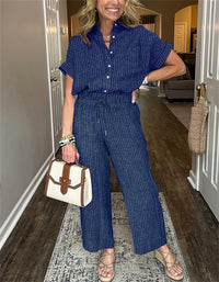 Women's Striped Suit Lapel Short-Sleeve Straight Pants