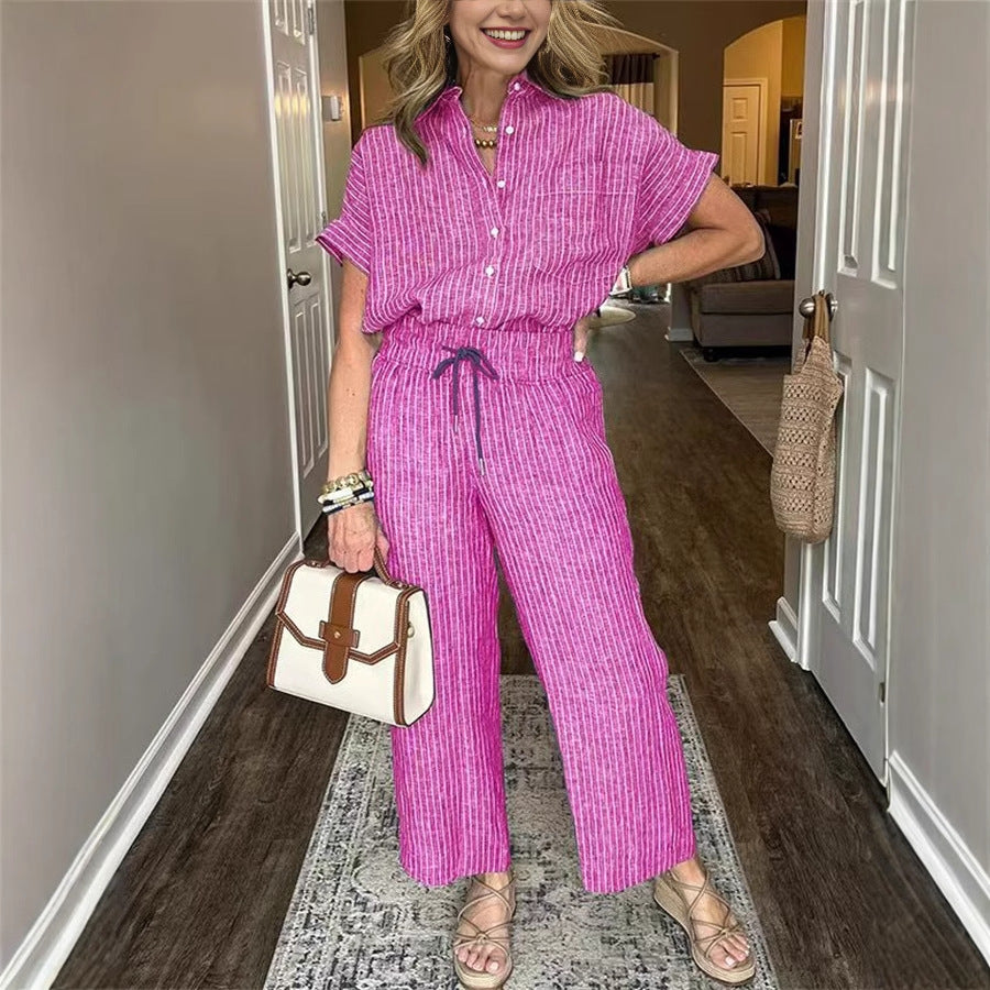 Women's Striped Suit Lapel Short-Sleeve Straight Pants