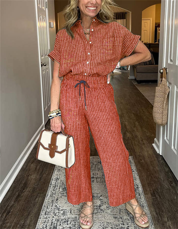 Women's Striped Suit Lapel Short-Sleeve Straight Pants