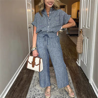 Women's Striped Suit Lapel Short-Sleeve Straight Pants