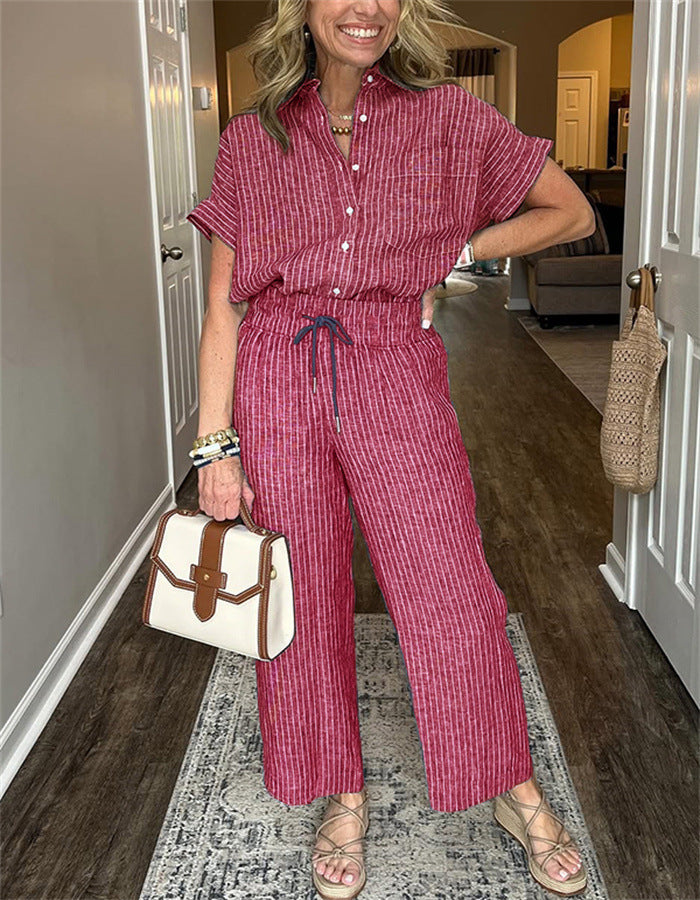 Women's Striped Suit Lapel Short-Sleeve Straight Pants