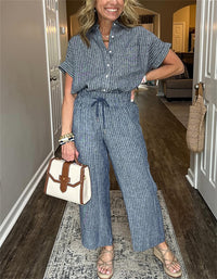 Women's Striped Suit Lapel Short-Sleeve Straight Pants