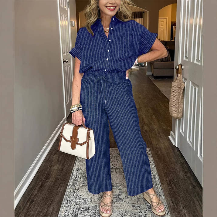 Women's Striped Suit Lapel Short-Sleeve Straight Pants